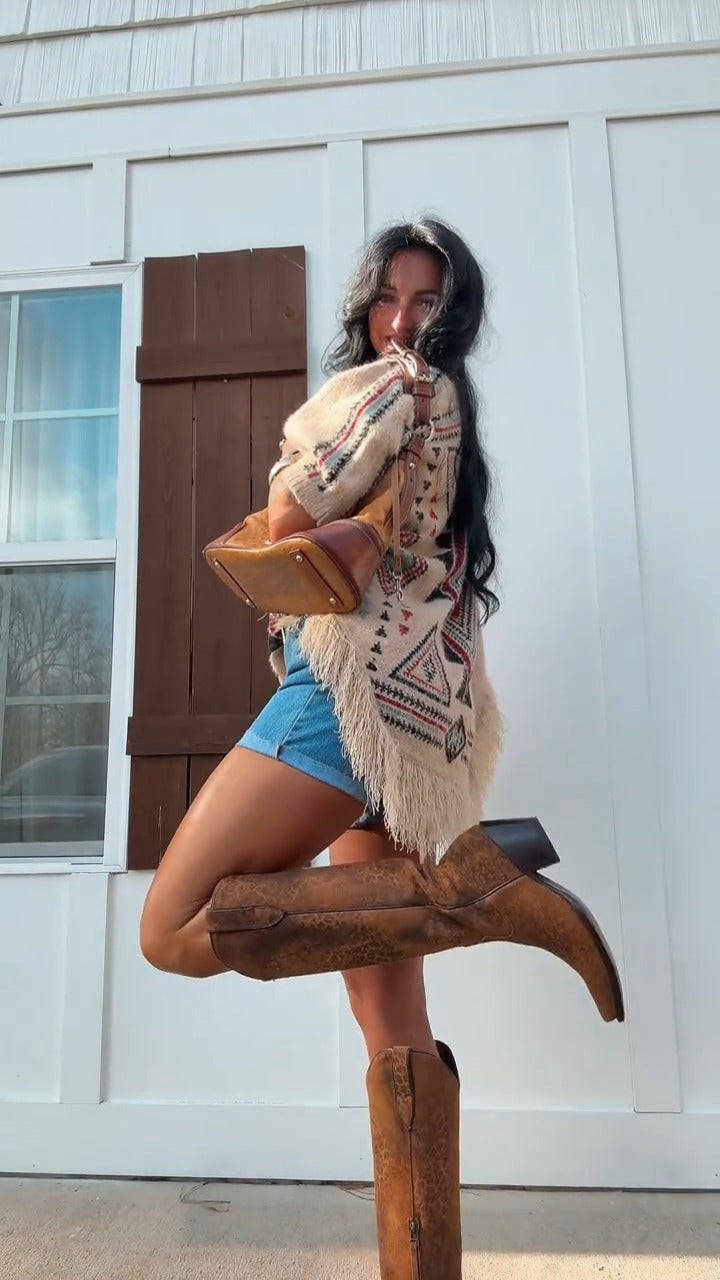 Boho Patterned Fringe Poncho