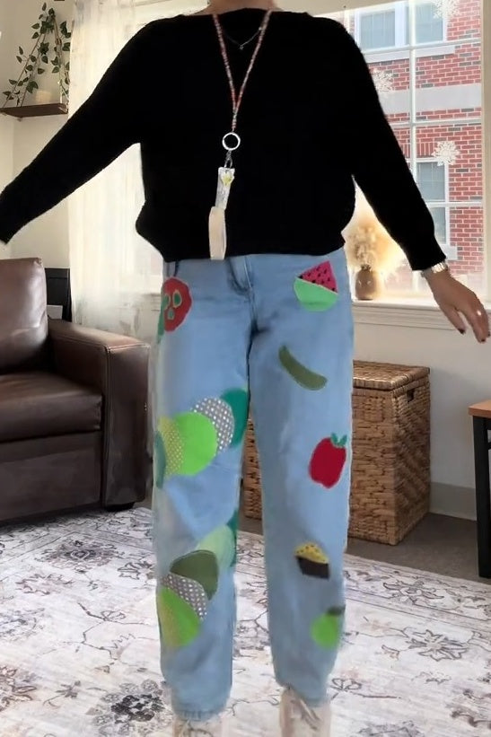 Fruit Patchwork Light Wash Denim Jeans