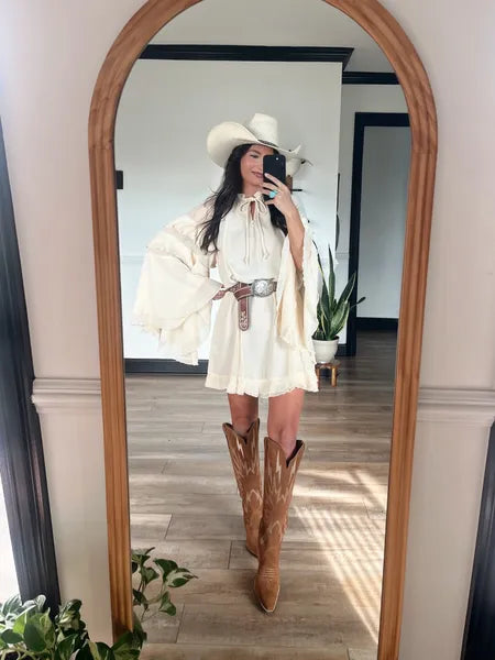Cream Ruffle Bell Sleeve Mini Dress