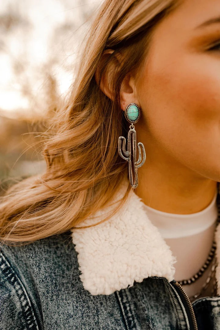 Turquoise and Silver Cactus Earrings