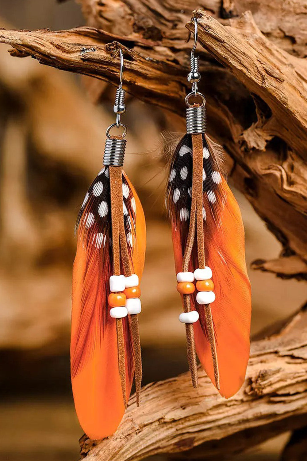 Long Beaded Peacock Feather Earrings