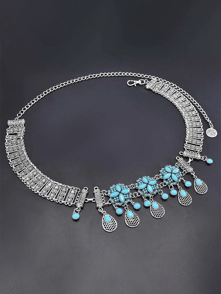 Turquoise Fringe Floral Carved Column Belt