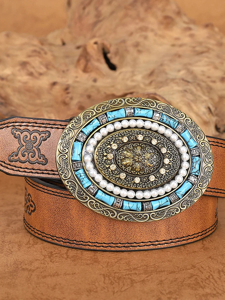 Retro Rust Brown Gemstone Pearl Decor Belt