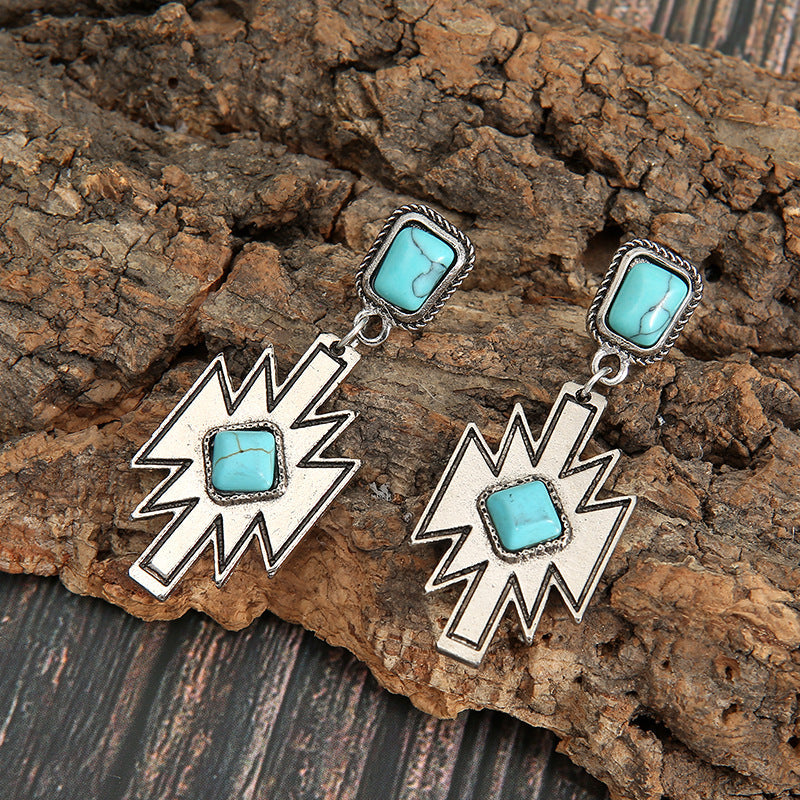Vintage Ethnic Inlaid Diamond Turquoise Stud Earrings