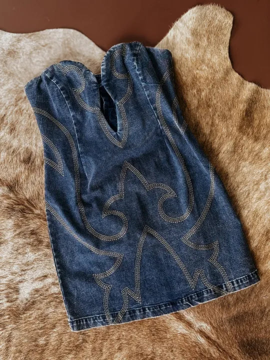 Boot Stitched Western Denim Mini Dress