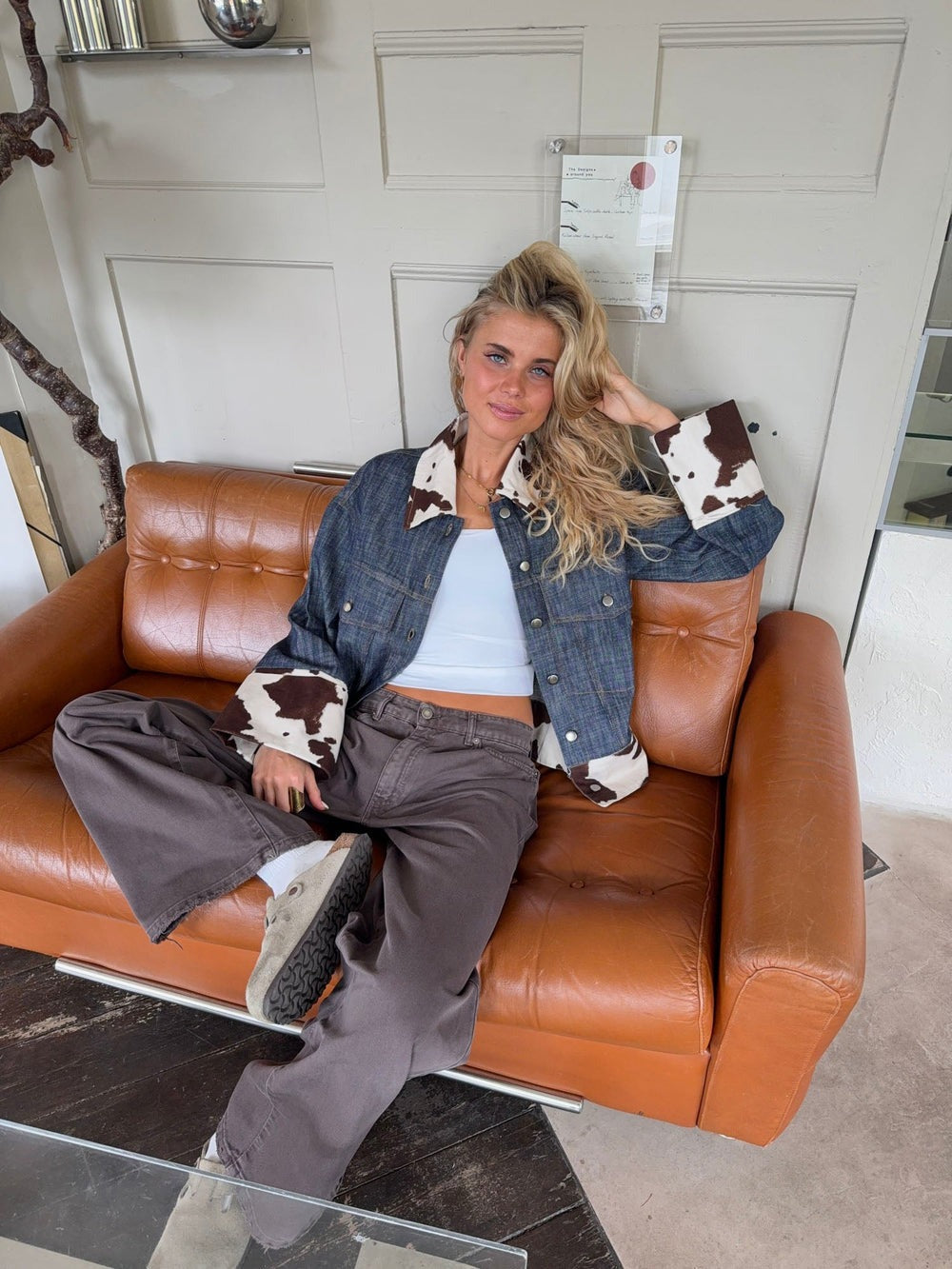 Suiva denim jacket with cow print – Blue/brown/white