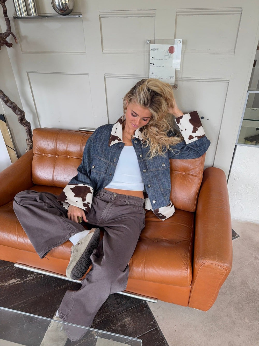 Suiva denim jacket with cow print – Blue/brown/white