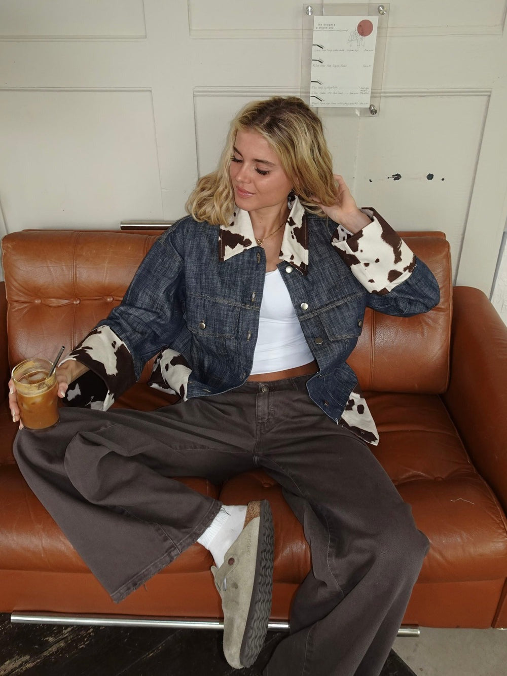 Suiva denim jacket with cow print – Blue/brown/white