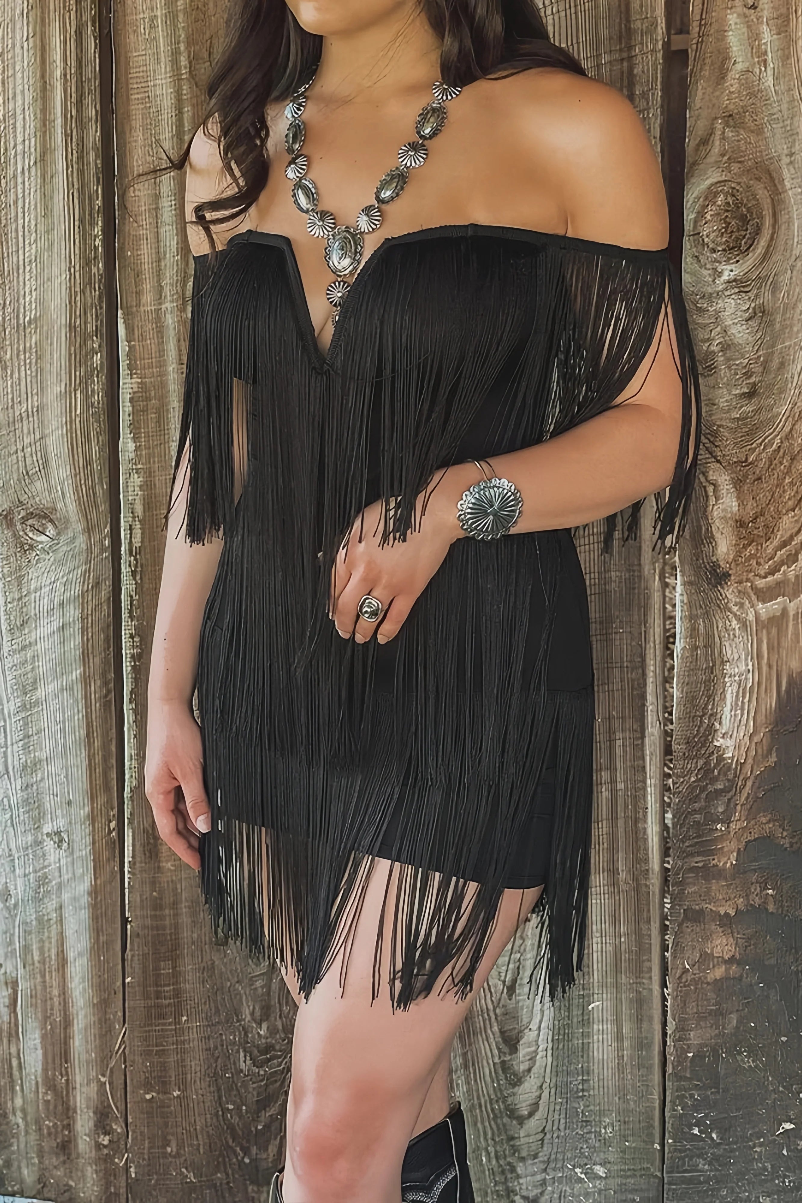 Pretty Fringe V Neck One Shoulder Dress-Black